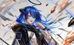  1girl arknights blue_eyes blue_hair blue_tongue bracelet candy colored_tongue demon_girl demon_horns food halo hood hooded_jacket horns jacket jewelry long_hair looking_at_viewer mostima_(arknights) solo spacelongcat 