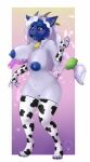  2019 5_fingers aislinn_(blaze-lupine) animal_print anthro bell bell_collar big_breasts biped black_nose blue_eyes blue_nipples blue_pussy blush breasts canid canine collar cow_print cowbell disembodied_hand ear_tag female fingers genitals hi_res horn mammal milk-jug navel nipples pussy red_collar 