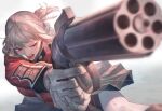  1girl blood blurry blurry_foreground braid fate/grand_order fate_(series) florence_nightingale_(fate) gloves highres makitoshi0316 nosebleed one_eye_closed pantyhose pepperbox_revolver pink_hair pleated_skirt pointing_weapon red_eyes skirt white_gloves 
