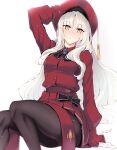  1girl bangs beret black_legwear breasts brooch caren_hortensia caren_hortensia_(amor_caren) dress fate/grand_order fate_(series) fue_(rhomphair) hat highres jewelry long_hair long_sleeves looking_at_viewer medium_breasts neck_ribbon pantyhose red_dress red_headwear ribbon shawl sitting thighs wavy_hair white_hair yellow_eyes 