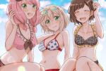  3girls :d absurdres aoba_moca bang_dream! bikini blush brown_hair closed_eyes goggles goggles_on_head green_eyes grey_hair hand_in_hair hazawa_tsugumi highres low_twintails medium_hair midriff multiple_girls open_mouth pink_hair short_hair smile swimsuit twintails uehara_himari wet zawameki 