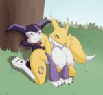  anthro big_breasts big_penis breasts canid canine digimon digimon_(species) duo female feral fox genitals hot_dogging humanoid imp impmon male male/female mammal park penis public renamon riffsandskulls rubbing 