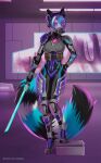  2021 ailurid anthro armor biped black_hair black_tail blue_eyes blue_hair blue_tail breasts clothed clothing detailed_background english_text female footwear hair headgear helmet high_heels holding_object holding_sword holding_weapon looking_at_viewer mammal markings melee_weapon multicolored_hair multicolored_tail pink_markings red_panda romanginzburg shoes signature solo standing striped_tail stripes sword text vivid_(character) weapon white_body white_tail 