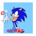  2020 anthro biped blue_background blue_body blue_fur border clothing digital_media_(artwork) eulipotyphlan footwear fur gloves gold_(metal) green_eyes handwear hedgehog male mammal marcus_larry open_mouth ring_(sonic) shoes simple_background solo sonic_the_hedgehog sonic_the_hedgehog_(series) sparkles standing white_border white_clothing white_gloves 