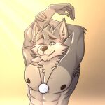  1:1 abs amulet anthro armpit_tuft arms_above_head canid canine canis fangs far_beyond_the_world_(series) green_eyes head_tuft male mammal mugithekitsune neck_tuft nipples one_eye_closed ranok_(far_beyond_the_world) simple_background smile solo stretching topless_male tuft video_games visual_novel wolf 