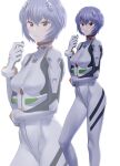  1girl ayanami_rei blue_hair bodysuit breasts hairpods highres interface_headset minazuki_juuzou neon_genesis_evangelion pilot_suit plugsuit red_eyes short_hair small_breasts standing white_background white_bodysuit zoom_layer 