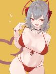  1girl ahoge antennae arknights asususususu bangs bikini breasts collarbone demon_horns eyebrows_visible_through_hair front-tie_top grey_hair heart heart_tail highres horns large_breasts navel open_mouth red_bikini red_eyes red_nails short_hair smile solo swimsuit tail w_(arknights) 