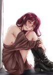  1girl absurdres bare_shoulders black_footwear boots breasts brown_shirt commentary_request highres long_hair looking_at_viewer looking_to_the_side loose_clothes loose_shirt love_live! love_live!_sunshine!! red_hair rushsoldier sakurauchi_riko shirt sideboob sitting smile solo yellow_eyes 