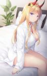  1girl ahoge azur_lane bangs bare_legs bed between_breasts blonde_hair bow breasts cleavage closed_mouth eyebrows_visible_through_hair hair_bow highres horns indoors kumano_(azur_lane) kyousaki_nao long_hair long_sleeves looking_at_viewer medium_breasts nail_polish no_pants on_bed oni_horns pillow plant purple_eyes red_nails red_neckwear shirt sitting sitting_on_bed solo two-tone_bow unbuttoned unbuttoned_shirt white_shirt 