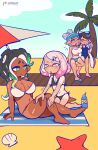  4girls applying_sunscreen barefoot beach beach_towel beach_umbrella bikini blush bra breasts callie_(splatoon) clam_shell closed_eyes cloud crybleat dark_skin dark_skinned_female day english_commentary eye_contact feet flat_chest green_eyes hat highres juice_box kneeling large_breasts looking_at_another lotion marie_(splatoon) marina_(splatoon) midriff mole mole_under_mouth multiple_girls navel octarian one-piece_swimsuit outdoors palm_tree panties parasol pearl_(splatoon) sandals shirt sitting sky smile splatoon_(series) splatoon_2 starfish suction_cups sunscreen swimsuit tan tanline tentacle_hair towel tree umbrella underwear yellow_eyes yuri 