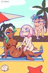  4girls applying_sunscreen areolae barefoot beach beach_towel beach_umbrella bikini blush bra breasts callie_(splatoon) clam_shell closed_eyes cloud completely_nude crybleat dark_skin dark_skinned_female day english_commentary eye_contact feet flat_chest green_eyes hat highres juice_box kneeling large_breasts looking_at_another lotion marie_(splatoon) marina_(splatoon) midriff mole mole_under_mouth multiple_girls navel nipples nude octarian one-piece_swimsuit outdoors palm_tree panties parasol pearl_(splatoon) puffy_nipples pussy sandals shirt sitting sky smile splatoon_(series) splatoon_2 starfish suction_cups sunscreen swimsuit tentacle_hair towel tree umbrella underwear yellow_eyes yuri 