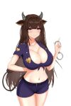  1girl alternate_costume animal_ears arm_behind_back azur_lane bangs belt black_belt blue_shirt blue_shorts blunt_bangs blush breasts brown_hair cleavage closed_mouth collarbone commentary cow_ears cow_horns cow_tail cowboy_shot cuffs eyebrows_visible_through_hair groin hair_intakes handcuff_dangle handcuffs highres horns kashino_(azur_lane) large_breasts long_hair looking_at_viewer midriff navel police police_badge police_uniform policewoman purple_eyes sakura_empire_(emblem) shirt short_shorts short_sleeves shorts sidelocks simple_background smile solo standing tail tied_shirt uniform vik_(xypt7474) white_background 