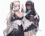  2girls azur_lane bare_shoulders black_hair black_nails blue_archive blush breast_press breasts bridal_gauntlets choker cleavage collarbone crossover dark_skin dark_skinned_female dress earrings formidable_(azur_lane) gloves gothic_lolita hand_to_hand highres jewelry karin_(blue_archive) large_breasts lolita_fashion long_hair maid maid_headdress multiple_girls orange_eyes platinum_blonde_hair puffy_short_sleeves puffy_sleeves short_sleeves smile somnuss symmetrical_docking twintails very_long_hair yellow_eyes 