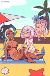  4girls applying_sunscreen areolae barefoot beach beach_towel beach_umbrella bikini blush bra breasts callie_(splatoon) clam_shell closed_eyes cloud completely_nude crybleat dark_skin dark_skinned_female day english_commentary eye_contact feet flat_chest green_eyes hat highres juice_box kneeling large_breasts looking_at_another lotion marie_(splatoon) marina_(splatoon) midriff mole mole_under_mouth multiple_girls navel nipples nude octarian one-piece_swimsuit outdoors palm_tree panties parasol pearl_(splatoon) puffy_nipples pussy sandals shirt sitting sky smile splatoon_(series) splatoon_2 starfish suction_cups sunscreen swimsuit tan tanline tentacle_hair towel tree umbrella underwear yellow_eyes yuri 