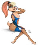  2021 anthro areola blonde_hair bottomwear breasts clothed clothing digital_media_(artwork) evilymasterful exposed_breasts eyebrows eyelashes feet female fingers hair lagomorph leporid lola_bunny looney_tunes mammal nipples partially_clothed rabbit shorts shorts_down small_breasts smile space_jam toes warner_brothers 