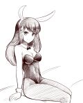  1girl animal_ears bare_shoulders boa_(brianoa) breasts bunny_ears bunny_girl bunny_tail cleavage closed_mouth detached_collar fake_animal_ears gatchaman_crowds greyscale highres ichinose_hajime leotard long_hair looking_at_viewer monochrome pantyhose playboy_bunny smile solo strapless tail 