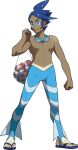  1boy artist_request bangs blue_eyes blue_hair clenched_hand closed_mouth flip-flops full_body goggles goggles_around_neck gym_leader highres holding leggings male_focus marlon_(pokemon) navel net official_art poke_ball poke_ball_(basic) pokemon pokemon_(game) pokemon_bw2 sandals smile solo standing swept_bangs tan tanline toes transparent_background 