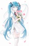  1girl absurdres bangs blue_eyes blue_hair closed_mouth collared_shirt commentary dress eyebrows_visible_through_hair flower hair_between_eyes hatsune_miku highres holding holding_flower iren_lovel long_hair looking_at_viewer petals pink_flower puffy_short_sleeves puffy_sleeves see-through shirt short_sleeves simple_background solo thighhighs tulip twintails very_long_hair vocaloid white_background white_dress white_legwear 