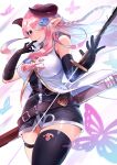  1girl amano_hagoromo belt braid breasts bug butterfly closed_mouth detached_sleeves draph granblue_fantasy hair_between_eyes hair_ornament hair_over_one_eye hairclip hand_on_own_face holding holding_weapon horns insect katana large_breasts long_hair looking_at_viewer narmaya_(granblue_fantasy) pink_hair pointy_ears sheath shiny simple_background skindentation smile solo sword thick_thighs thigh_strap thighhighs thighs weapon white_background 