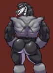  anthro black_body black_fur butt butt_focus fur grey_body grey_fur hi_res hunnipanda looking_at_viewer looking_back male muscular muscular_anthro muscular_male narrowed_eyes nintendo obstagoon open_mouth pink_sclera pink_tongue pok&eacute;mon pok&eacute;mon_(species) rear_view red_background simple_background solo teeth tongue tongue_out video_games white_body white_fur 