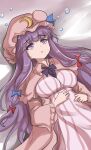  1girl blue_bow blue_ribbon bow breasts bubble capelet commentary_request crescent crescent_pin dress eyebrows_visible_through_hair hair_bow hand_on_own_stomach hat hat_ribbon highres large_breasts lying mob_cap namiki_(remiter00) on_back parted_lips patchouli_knowledge pink_dress purple_eyes purple_hair purple_neckwear red_bow ribbon robe solo striped striped_dress touhou wide_sleeves 