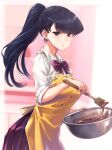  1girl :o apron bangs black_eyes black_hair bowl chocolate cooking highres komi-san_wa_komyushou_desu komi_shouko mikel_(4hands) pale_skin plaid plaid_skirt ponytail ribbon school_uniform simple_background skirt valentine wooden_spoon 