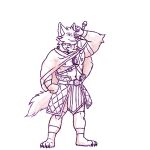  1:1 amulet anthro armband armor belt_buckle canid canine canis claws clothed clothing fangs far_beyond_the_world_(series) footprint hand_on_head head_tuft hi_res male mammal melee_weapon neck_tuft nipples partially_clothed pawprint ralvar ranok_(far_beyond_the_world) shoulder_guards simple_background solo sword tasset tuft vambraces video_games visual_novel weapon white_background wolf 