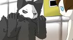  16:9 4_fingers ambiguous_gender anthro black_body black_fur blue_eyes brown_hair canid canine canis changed_(video_game) dialogue duo fingers frown frustrated fur hair human lin_(changed) male mammal mask puro_(changed) sande solo_focus white_body widescreen wolf 