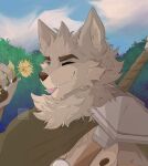  amulet anthro blep blush canid canine canis cape chest_tuft clothed clothing cloud dandelion detailed_background fangs far_beyond_the_world_(series) flower forest forest_background head_tuft hi_res male mammal melee_weapon nature nature_background neck_tuft nipples one_eye_closed partially_clothed pawpads plant ranok_(far_beyond_the_world) shoulder_guards solo sword tongue tongue_out tree tuft video_games visual_novel wadeartz weapon wolf 