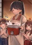  3girls ?? absurdres akagi_(kancolle) black_hair blue_hakama brown_eyes brown_hair commentary_request drooling hakama hakama_skirt heart high_ponytail highres houshou_(kancolle) japanese_clothes kaga_(kancolle) kantai_collection kappougi long_hair multiple_girls ponytail red_hakama rice_cooker sagor942014 side_ponytail tasuki younger 