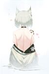  1girl absurdres animal_ears arknights back backboob breasts commentary_request from_behind highres kal&#039;tsit_(arknights) large_breasts lynx_ears off_shoulder oripathy_lesion_(arknights) ruyouguizhu short_hair silver_hair sitting solo 