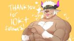  1boy :p abs animal_ears bara brown_fur camouflage camouflage_headwear chest_hair cow_ears cow_horns facial_hair furry goatee headband heart heart_hands highres horns lactation large_pectorals long_sideburns male_focus male_lactation mature_male milestone_celebration minotaur muscular muscular_male nipples nude one_eye_closed pinkblood purple_eyes purple_horns shennong_(tokyo_houkago_summoners) short_hair solo stomach tokyo_houkago_summoners tongue tongue_out upper_body white_hair 