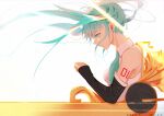  1girl 39 airpods arm_tattoo blue_eyes blue_neckwear breasts chinese_commentary clenched_hand dated detached_sleeves floating_hair from_side hatsune_miku highres jijing_zishui looking_down necktie sitting small_breasts smile solo sunlight tattoo twintails vocaloid white_background 