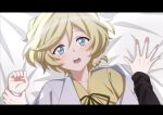  1girl ambiguous_gender blonde_hair blue_eyes blush braid braided_ponytail collarbone elfnein eyebrows_visible_through_hair looking_at_viewer looking_up lying miona_yui mole mole_under_eye on_back open_mouth senki_zesshou_symphogear shiny shiny_hair shiny_skin short_hair short_ponytail teeth upper_body upper_teeth wrist_grab 