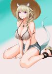  1girl animal_ear_fluff animal_ears arknights arm_support bangs bare_arms bare_shoulders bikini breasts cleavage collarbone commentary grey_bikini grey_shorts hat jewelry large_breasts long_hair looking_at_viewer pendant purple_eyes rankketer short_shorts shorts silver_hair sitting smile solo stomach striped sun_hat swimsuit thighs utage_(arknights) utage_(summer_flowers)_(arknights) vertical-striped_bikini vertical_stripes wariza 