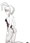  1girl animal_ears ass bare_shoulders black_lagoon boa_(brianoa) breasts bunny_ears bunny_girl bunny_tail closed_mouth detached_collar fake_animal_ears greyscale highres leotard looking_at_viewer monochrome pantyhose playboy_bunny sawyer_the_cleaner short_hair simple_background small_breasts solo strapless tail white_background 