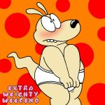  1:1 anthro blush briefs clothed clothing covering covering_crotch english_text fur hi_res macropod male mammal marsupial nickelodeon nishi_oxnard obese obese_anthro obese_male orange_background overweight overweight_anthro overweight_male red_dots rocko&#039;s_modern_life rocko_rama simple_background solo tan_body tan_fur text tighty_whities topless underwear wallaby white_clothing white_underwear 