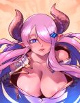  1girl bare_shoulders black_gloves blue_eyes blush breasts bright_pupils cleavage draph fu_shark gloves granblue_fantasy hair_ornament hair_over_one_eye highres horns large_breasts long_hair looking_at_viewer narmaya_(granblue_fantasy) nipple_slip nipples parted_lips pink_hair solo upper_body white_pupils 