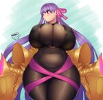  1girl belly belt_collar bodystocking breasts claw_(weapon) coffeeslice collar covered_navel covered_nipples fate/grand_order fate_(series) hair_ribbon highres huge_breasts o-ring o-ring_top passionlip_(fate) pink_eyes pink_ribbon plump purple_hair ribbon shiny shiny_hair skin_tight thick_thighs thighs weapon 