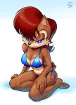  1girl animal_ears animal_nose barefoot bikini blue_bikini blue_eyes breasts brown_fur cleavage english_commentary full_body furry half-closed_eyes highres john_crayton looking_at_viewer medium_breasts medium_hair navel pinup_(style) red_hair sally_acorn seiza side-tie_bikini sitting snout soles solo sonic_(series) sonic_the_hedgehog_(satam) swimsuit tail toes two-tone_fur 