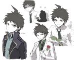  1boy ? absurdres alternate_costume asuna_(doruru-mon) bangs black_bow black_jacket bow bowtie breast_pocket brown_eyes brown_hair commentary_request danganronpa_(series) danganronpa_10th_anniversary_costume danganronpa_2:_goodbye_despair flower food green_neckwear green_shirt highres hinata_hajime jacket male_focus monokuma multiple_views necktie official_alternate_costume open_clothes open_jacket pale_skin parted_lips pocket purple_jacket red_flower red_rose rose shirt short_hair simple_background sketch smile sweatdrop teeth translation_request vest white_background white_jacket white_shirt white_vest 