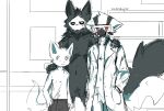  ambiguous_gender anthro black_body black_fur blue_eyes blush bottomwear canid canine canis changed_(video_game) clothing coat dr._k_(changed) eyes_closed fur gas_mask group hi_res lab_coat lin_(changed) looking_at_viewer luarioujar male mammal mask navel puro_(changed) red_eyes shorts simple_background smile topwear white_background white_body white_fur wolf 