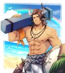 1boy abs animal_ears arknights bara bare_pecs beach brown_eyes brown_hair bulge carrying_over_shoulder cow_boy cow_ears cow_horns dark_skin dark_skinned_male earrings facial_hair goatee highres horns jewelry large_pectorals looking_at_viewer male_focus male_swimwear matterhorn_(arknights) matterhorn_(beach_guard)_(arknights) mature_male medium_hair muscular muscular_male navel nipples official_alternate_costume smile solo stomach stubble swim_trunks swimwear tooth_necklace white_male_swimwear zifuuuun 