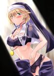  1girl absurdres blonde_hair blush bra breasts cleavage collarbone commentary_request cowboy_shot eiyuu_densetsu habit highres looking_at_viewer mussyu_danachan navel nun panties peeping rosine_(eiyuu_densetsu) sen_no_kiseki short_hair solo thighhighs underwear undressing wet wet_clothes 