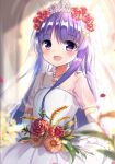  1girl :d bangs blurry blurry_background blush bridal_veil bride brown_flower commentary_request depth_of_field dress elbow_gloves eyebrows_visible_through_hair flower gloves hair_between_eyes hair_flower hair_ornament hairclip holding holding_flower indoors kyouka_(princess_connect!) long_hair looking_at_viewer lydia601304 open_mouth petals princess_connect! princess_connect!_re:dive puffy_short_sleeves puffy_sleeves purple_eyes purple_hair red_flower red_rose rose see-through see-through_sleeves short_sleeves smile solo tiara veil very_long_hair wedding_dress white_gloves 