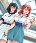  2girls :d :o absurdres black_hair blue_bow blush bow breasts dress green_skirt hair_bun hair_ornament hairclip highres indoors large_breasts locked_arms love_live! love_live!_nijigasaki_high_school_idol_club mifune_shioriko multiple_girls open_mouth pointing red_eyes red_hair rushsoldier see-through_sleeves shirt short_hair short_sleeves skirt smile uehara_ayumu white_dress white_shirt yellow_eyes yuri 