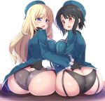  2girls absurdres ass atago_(kancolle) black_gloves black_hair black_panties blonde_hair blush breast_press breasts butt_crack commentary_request commission dress dress_lift garter_straps gloves grey_panties hat highres kantai_collection kurokoshou_(emuburemu123) large_breasts long_hair looking_at_viewer looking_back multiple_girls panties panties_under_pantyhose pantyhose purple_eyes red_eyes short_hair sitting skeb_commission takao_(kancolle) underwear 