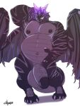  3:4 absurd_res anthro balls belly big_balls big_belly big_penis black_body cursedmarked dragon frill_(anatomy) genitals grin hand_behind_head hand_on_stomach hi_res horn ixen male membrane_(anatomy) membranous_frill muscular muscular_anthro muscular_male nipples overweight overweight_anthro overweight_male pecs penis purple_body purple_scales scales scalie simple_background smile solo white_background wings 