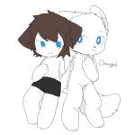  1:1 after_transformation anthro before_and_after blue_eyes bottomwear brown_hair canid canine canis changed_(video_game) chano clothing duo fur hair hand_holding human lin_(changed) male mammal navel shorts simple_background white_background white_body white_fur wolf 