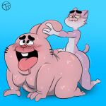  1:1 ahegao all_fours anal anthro big_butt blush bodily_fluids butt cartoon_network doggystyle domestic_cat duo felid feline felis from_behind_position lagomorph leporid looking_pleasured male male/male mammal overweight overweight_anthro overweight_male pink_body rabbit richard_watterson roz sex sweat the_amazing_world_of_gumball trashtoonz whiskers 